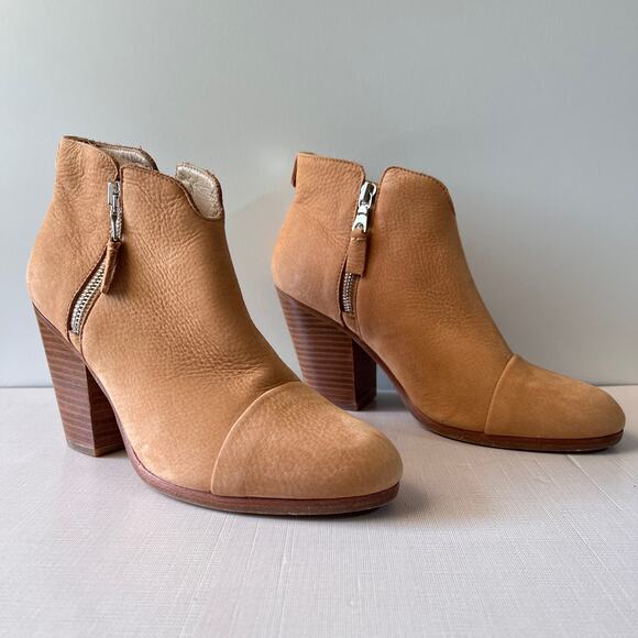 Rag & Bone Margot Leather Ankle Boot Tan Block Heel Side Zipper Womens Size 38.5 - Picture 1 of 8